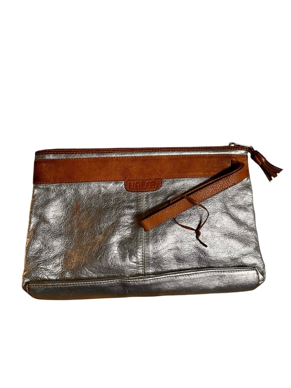 tage Unisa Distressed Silver Metallic W/ Brown Leather Wristlet Clutch Bag